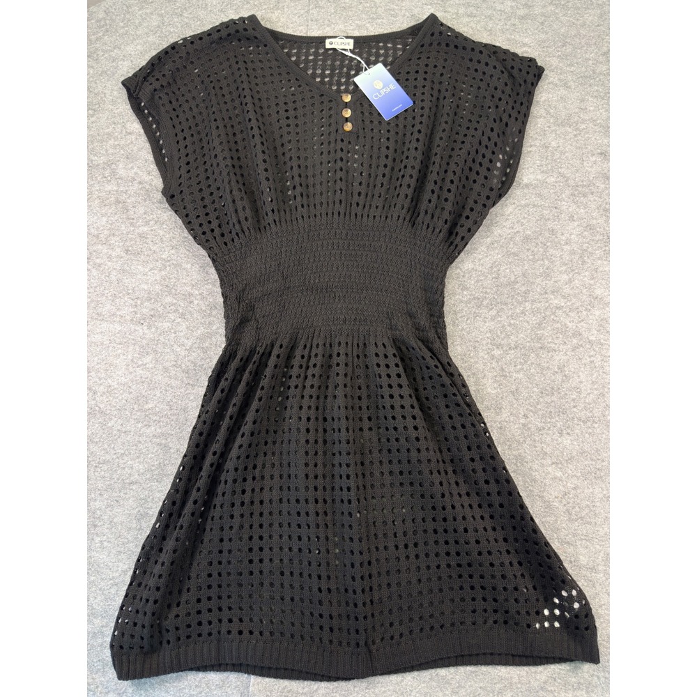 Cupshe Swim Cover Up Women Size L Black Crochet Smocked Waist Boho Mini Dress - Picture 3 of 14
